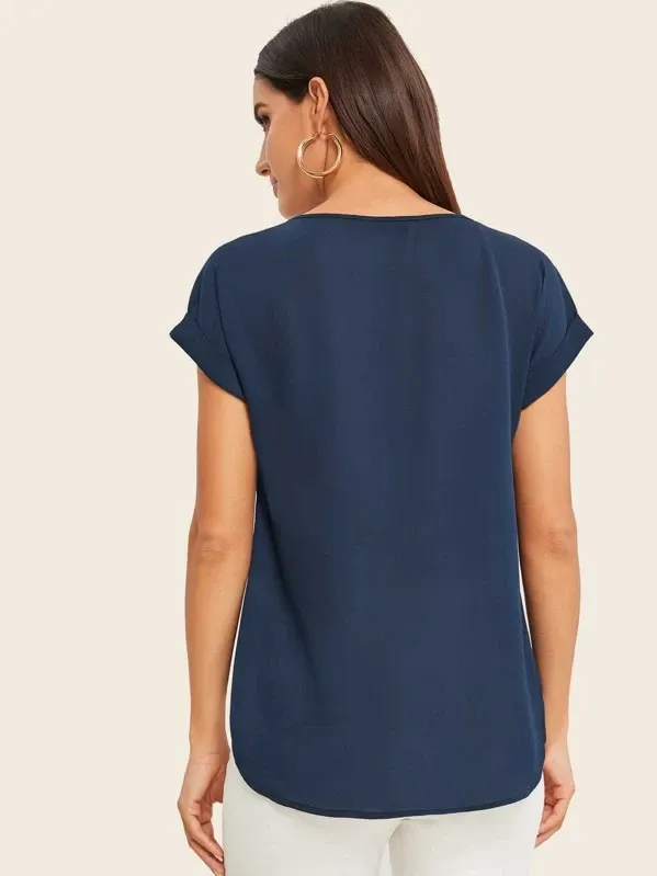 Round Neck Roll Up Sleeve High Low Hem Top