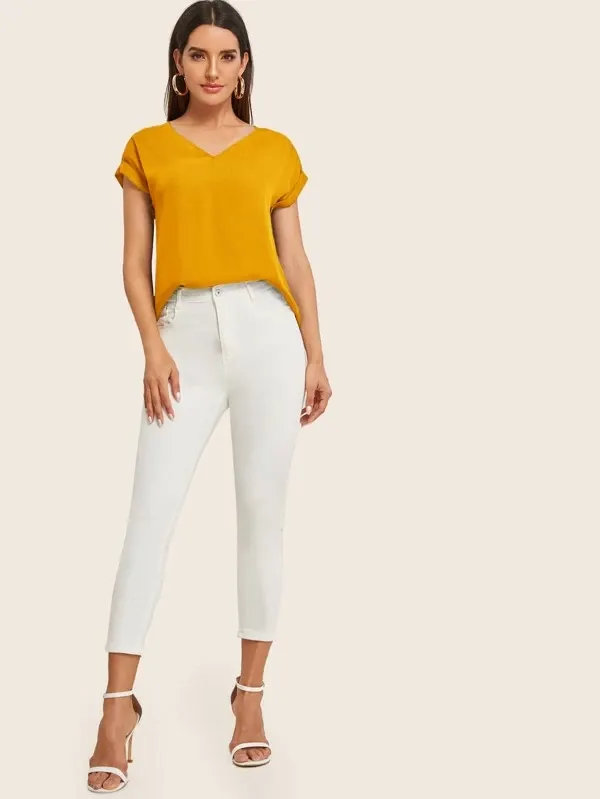 Round Neck Roll Up Sleeve High Low Hem Top