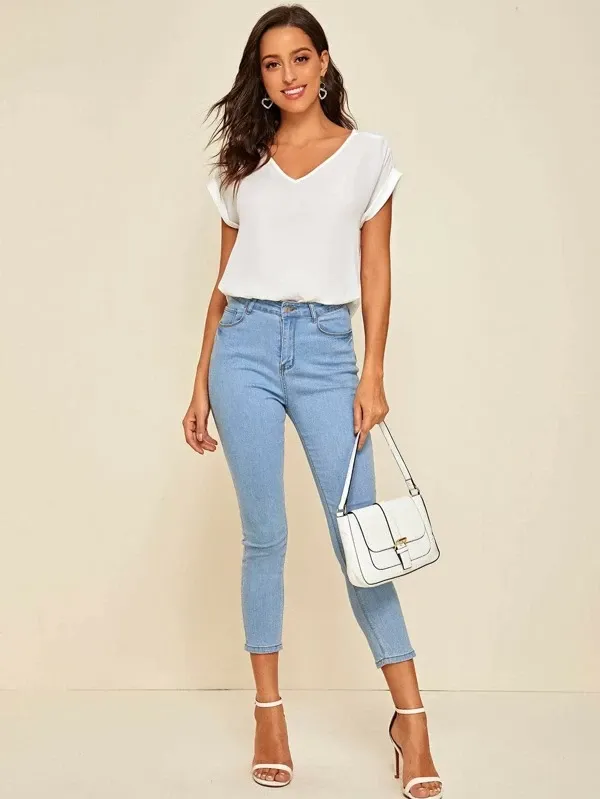 Round Neck Roll Up Sleeve High Low Hem Top