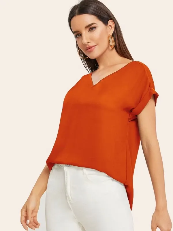 Round Neck Roll Up Sleeve High Low Hem Top