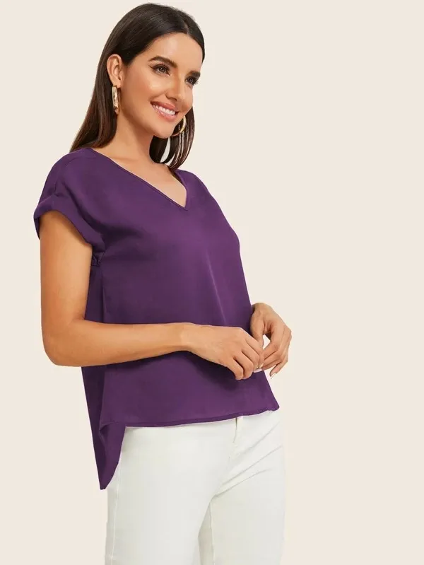 Round Neck Roll Up Sleeve High Low Hem Top