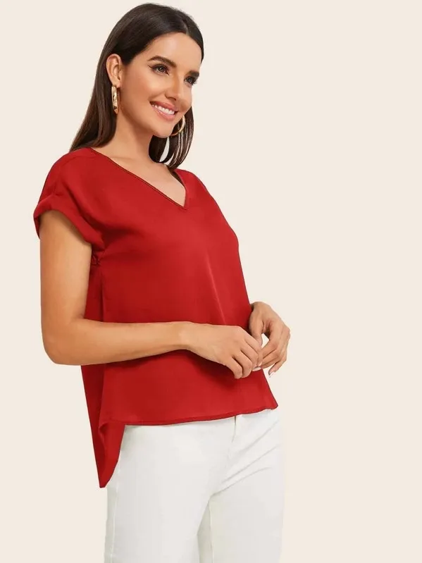 Round Neck Roll Up Sleeve High Low Hem Top
