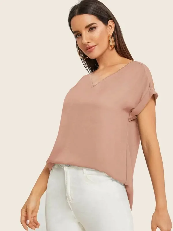 Round Neck Roll Up Sleeve High Low Hem Top