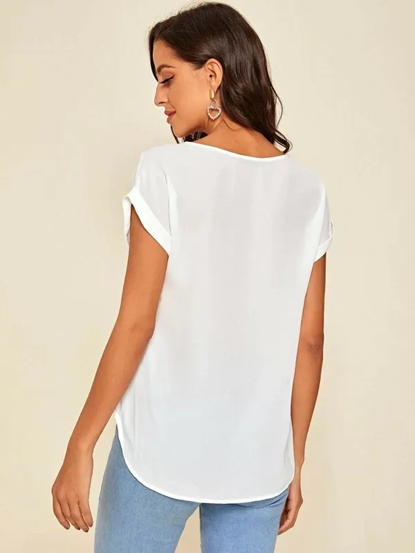 Round Neck Roll Up Sleeve High Low Hem Top