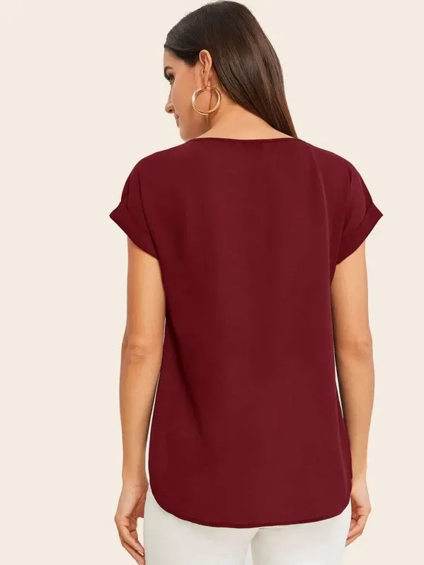 Round Neck Roll Up Sleeve High Low Hem Top