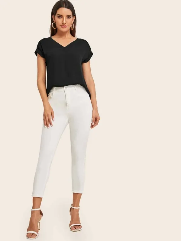 Round Neck Roll Up Sleeve High Low Hem Top