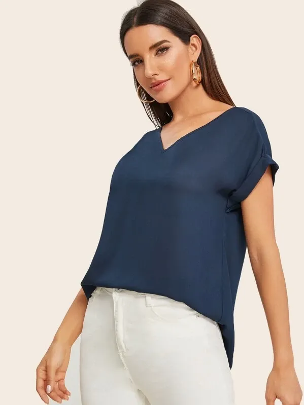 Round Neck Roll Up Sleeve High Low Hem Top