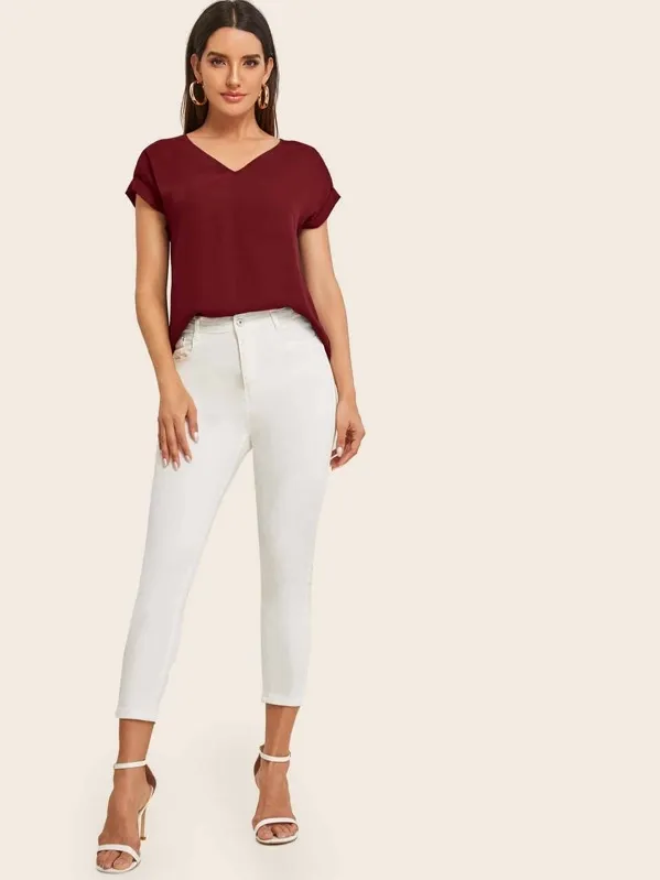 Round Neck Roll Up Sleeve High Low Hem Top