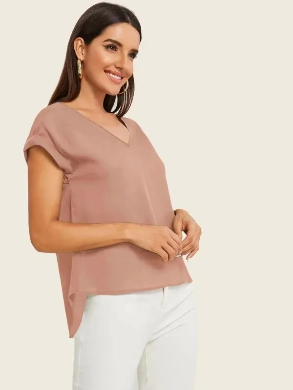 Round Neck Roll Up Sleeve High Low Hem Top
