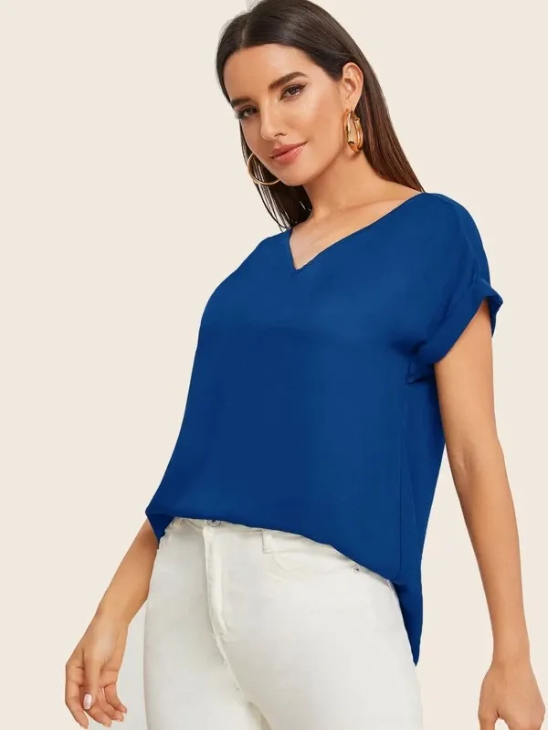 Round Neck Roll Up Sleeve High Low Hem Top