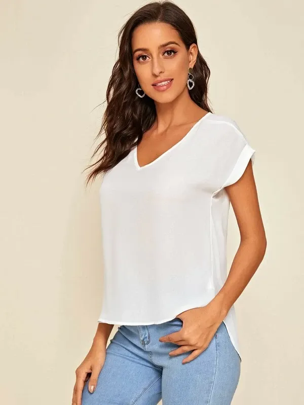 Round Neck Roll Up Sleeve High Low Hem Top