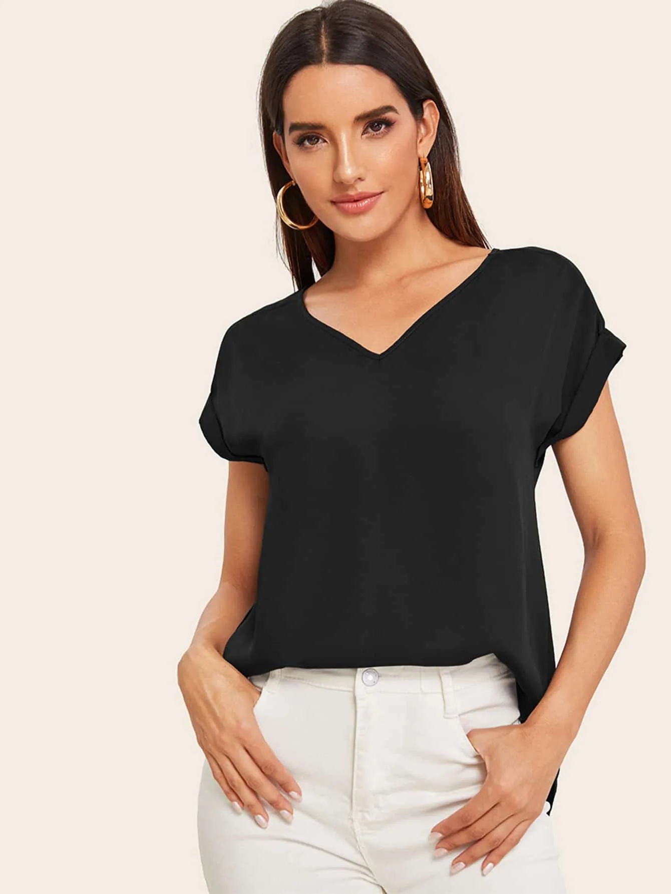 Round Neck Roll Up Sleeve High Low Hem Top