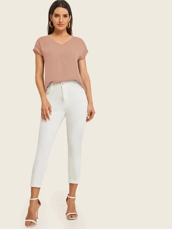 Round Neck Roll Up Sleeve High Low Hem Top