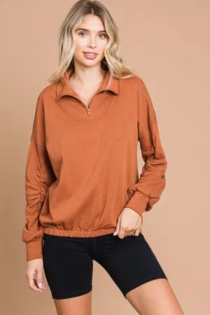 Ruche Sleeve Half Zip Sweatshirt