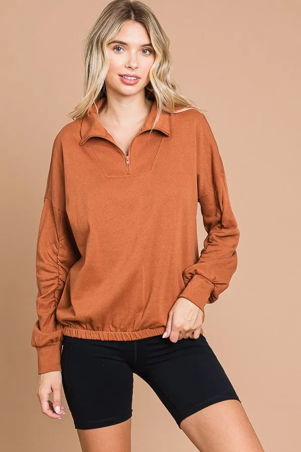 Ruche Sleeve Half Zip Sweatshirt