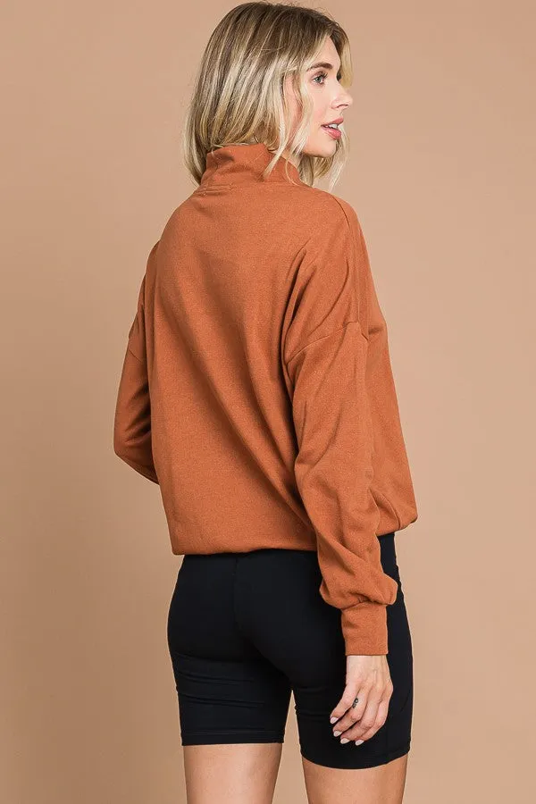 Ruche Sleeve Half Zip Sweatshirt