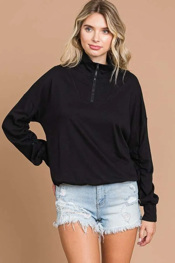 Ruche Sleeve Half Zip Sweatshirt
