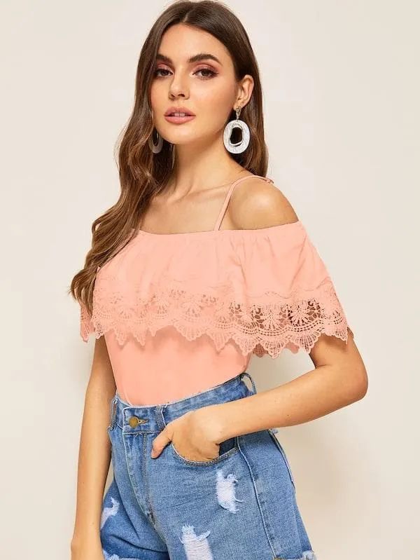 Spaghetti Strap Cold Shoulder Guipure Lace Trim Top