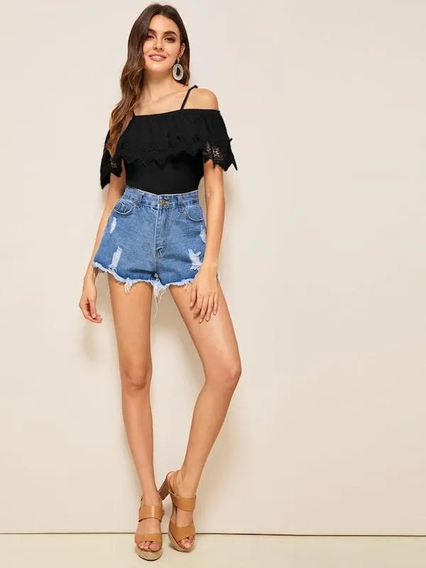 Spaghetti Strap Cold Shoulder Guipure Lace Trim Top