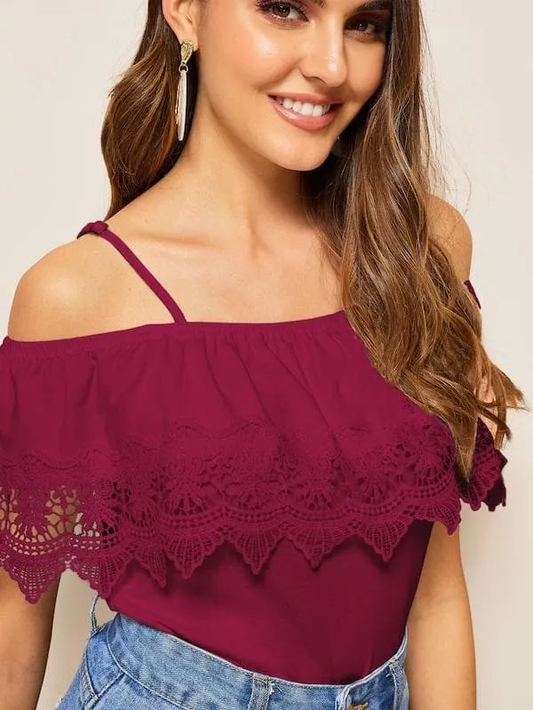 Spaghetti Strap Cold Shoulder Guipure Lace Trim Top