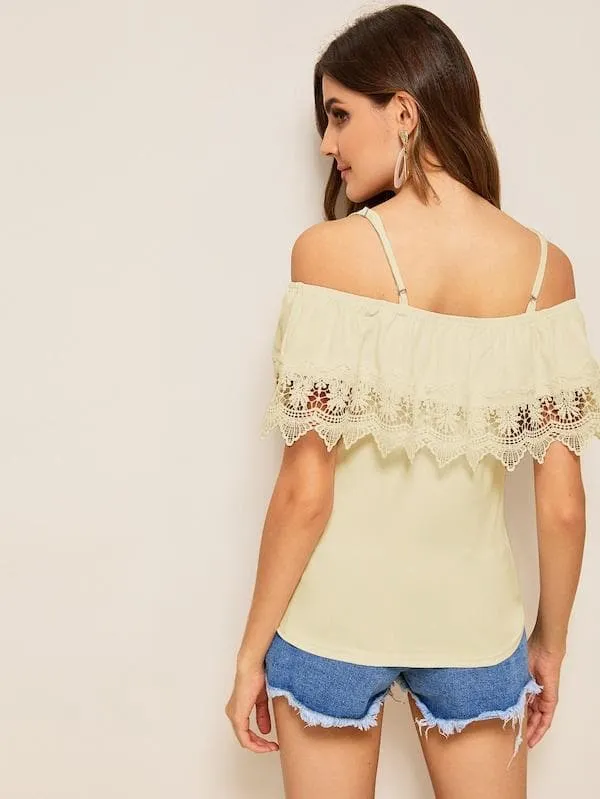 Spaghetti Strap Cold Shoulder Guipure Lace Trim Top
