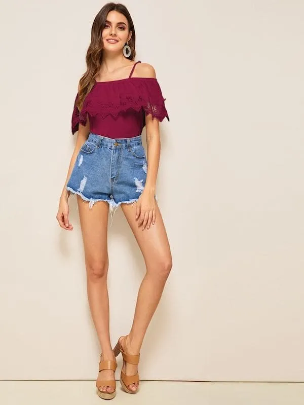 Spaghetti Strap Cold Shoulder Guipure Lace Trim Top
