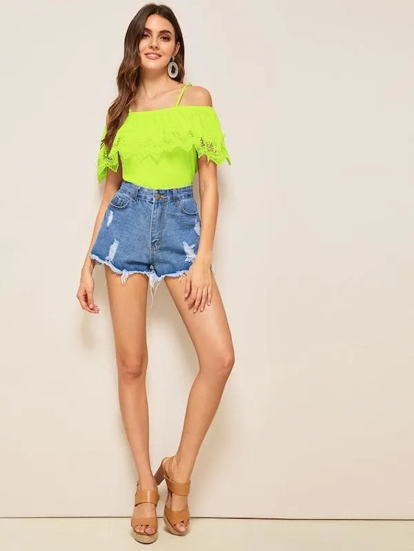 Spaghetti Strap Cold Shoulder Guipure Lace Trim Top