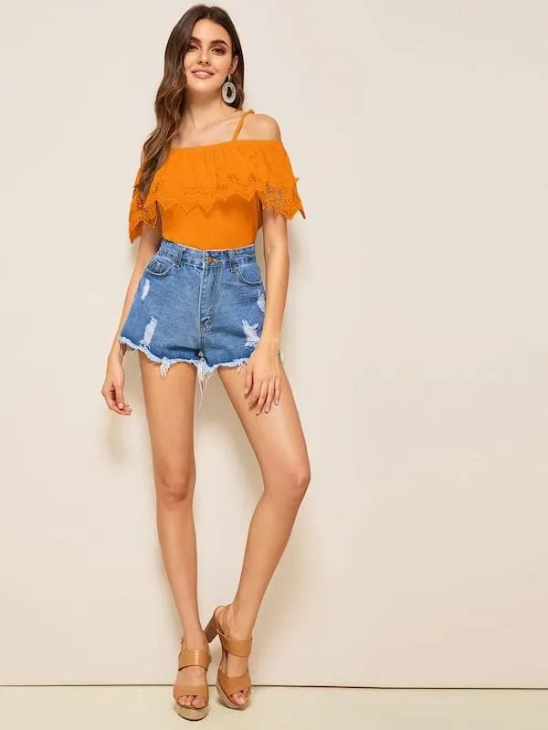 Spaghetti Strap Cold Shoulder Guipure Lace Trim Top