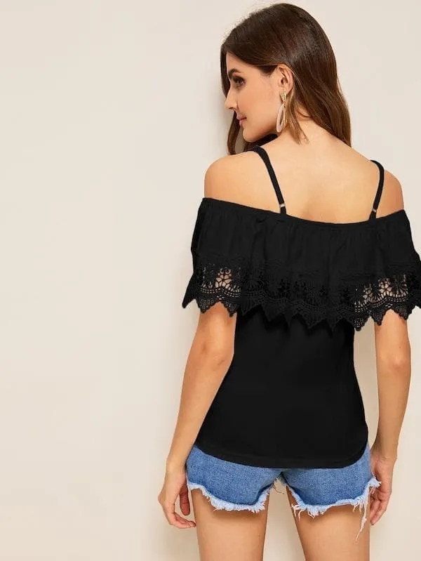 Spaghetti Strap Cold Shoulder Guipure Lace Trim Top