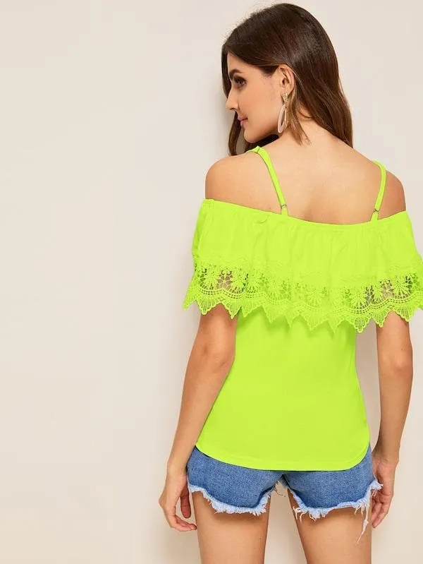 Spaghetti Strap Cold Shoulder Guipure Lace Trim Top