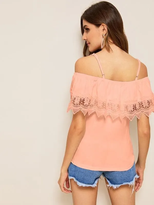 Spaghetti Strap Cold Shoulder Guipure Lace Trim Top