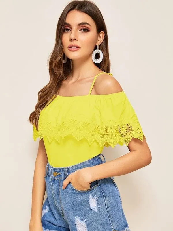 Spaghetti Strap Cold Shoulder Guipure Lace Trim Top