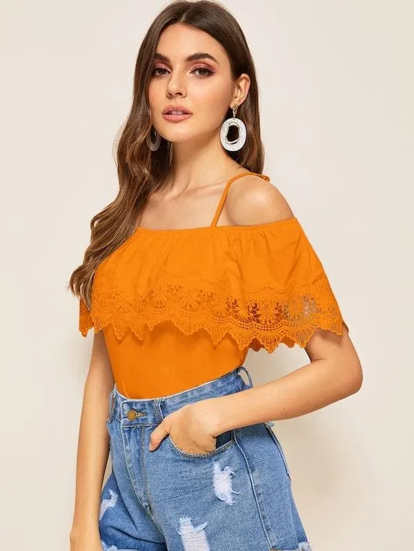 Spaghetti Strap Cold Shoulder Guipure Lace Trim Top