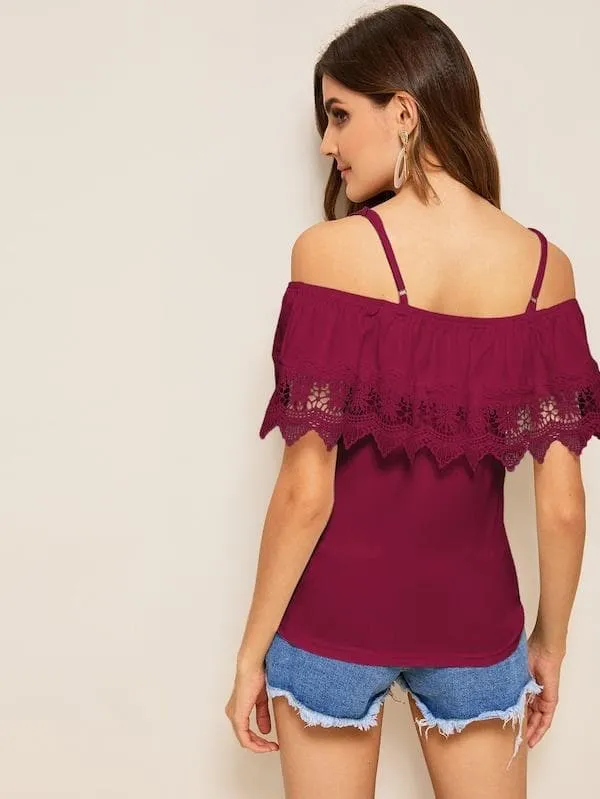Spaghetti Strap Cold Shoulder Guipure Lace Trim Top