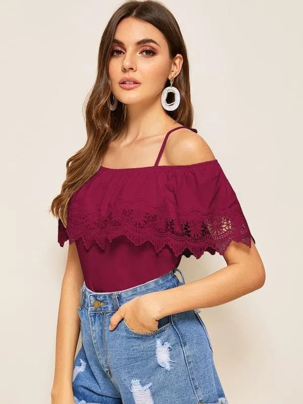 Spaghetti Strap Cold Shoulder Guipure Lace Trim Top