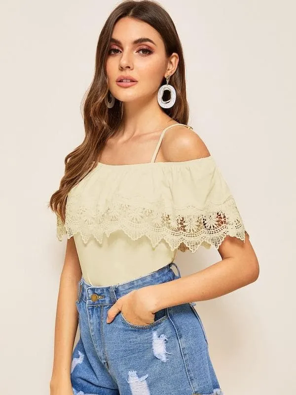 Spaghetti Strap Cold Shoulder Guipure Lace Trim Top