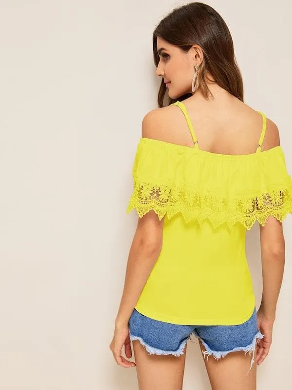 Spaghetti Strap Cold Shoulder Guipure Lace Trim Top