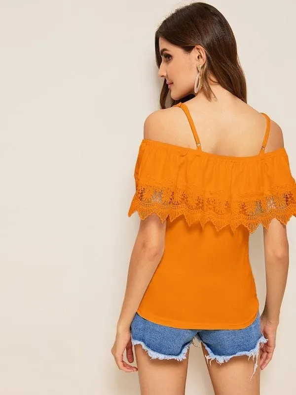 Spaghetti Strap Cold Shoulder Guipure Lace Trim Top