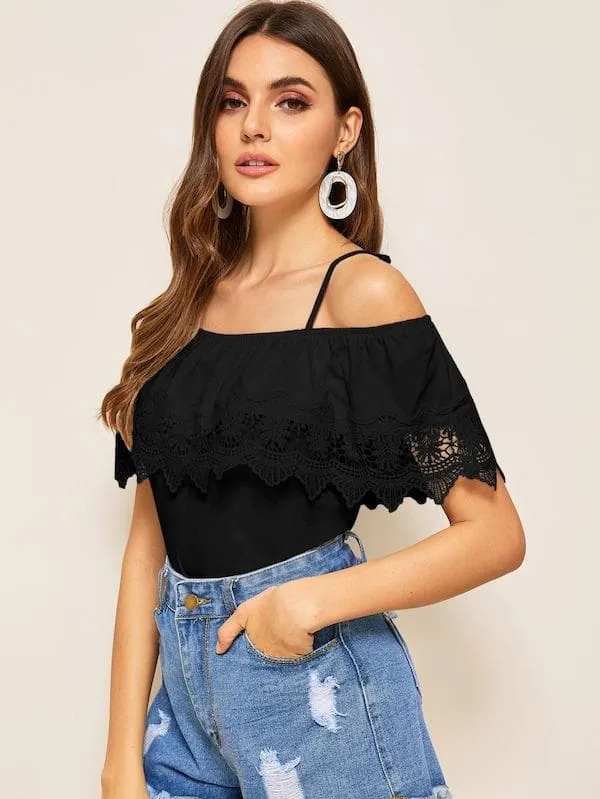 Spaghetti Strap Cold Shoulder Guipure Lace Trim Top