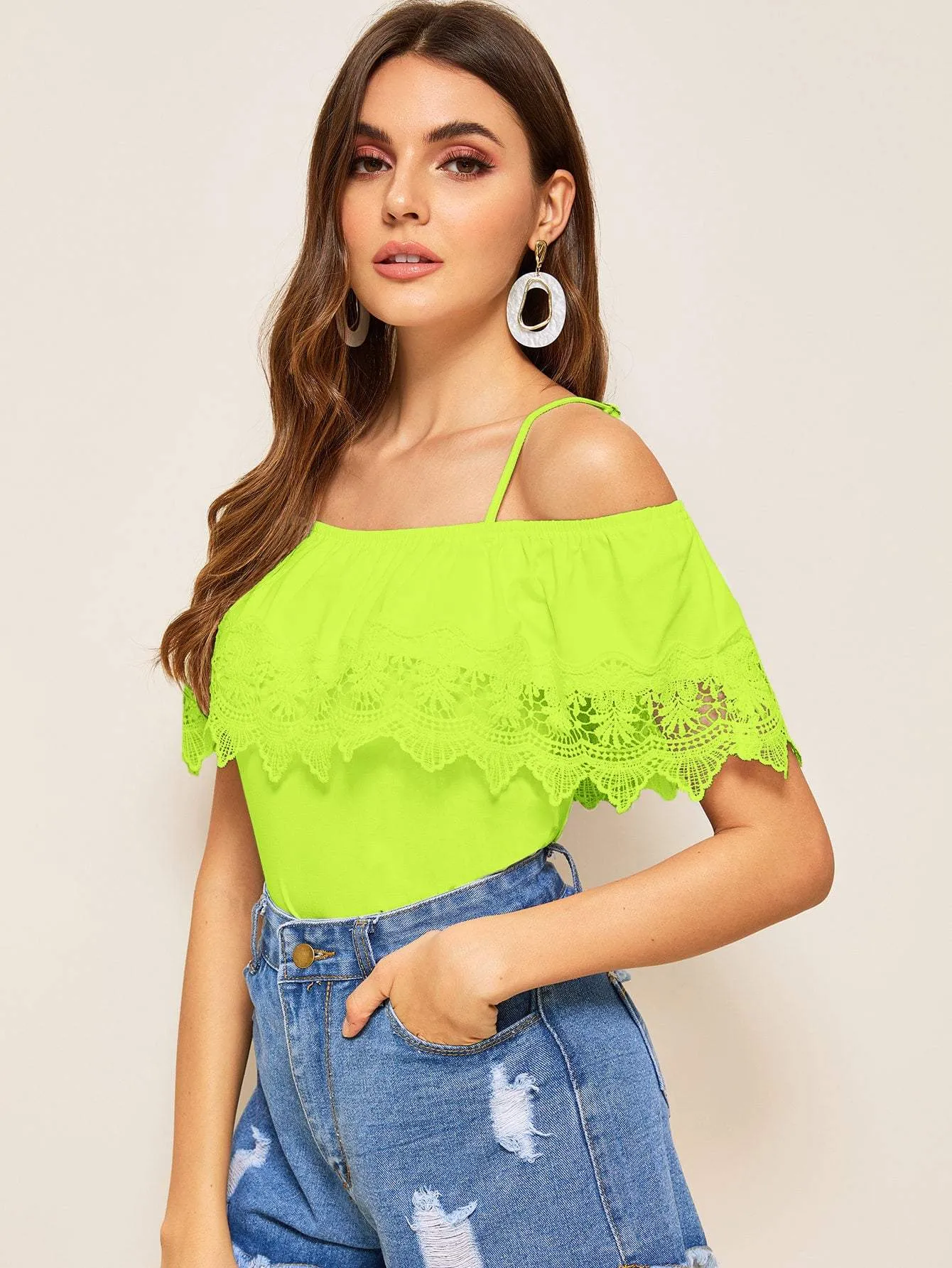 Spaghetti Strap Cold Shoulder Guipure Lace Trim Top