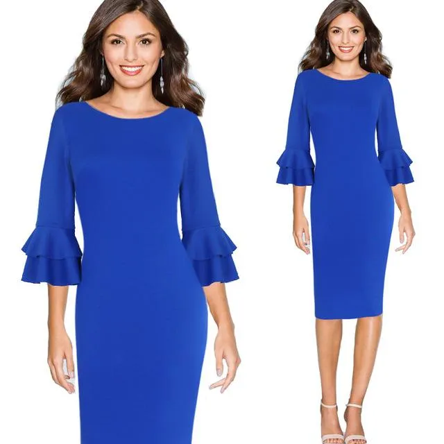 Vfemage Women Autumn Elegant Flare Bell 3/4 Sleeve Vintage Wear To Work Office Business Cocktail Party Bodycon Pencil Dress 8155