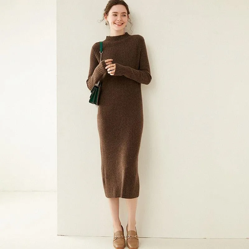Women's Autumn and Winter New Fashion Long Pure Australian Wool Dress